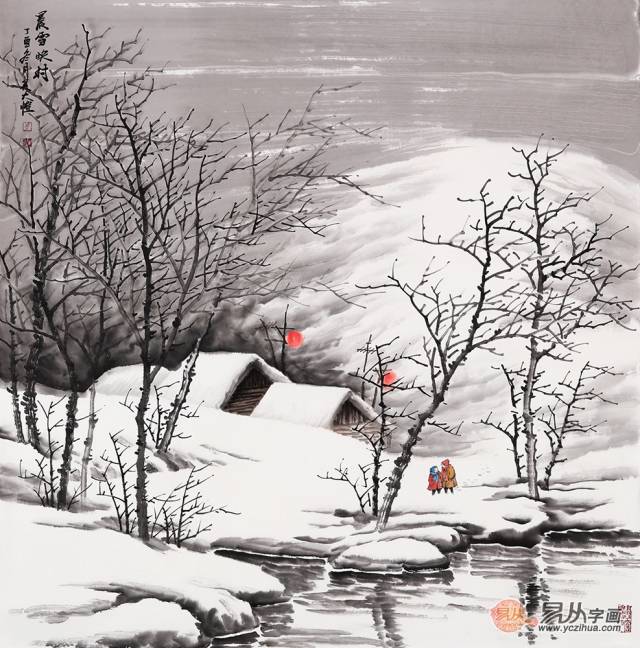 雪景山水画 吴大恺力作新品国画《晨雪映村》作品出自:易从网