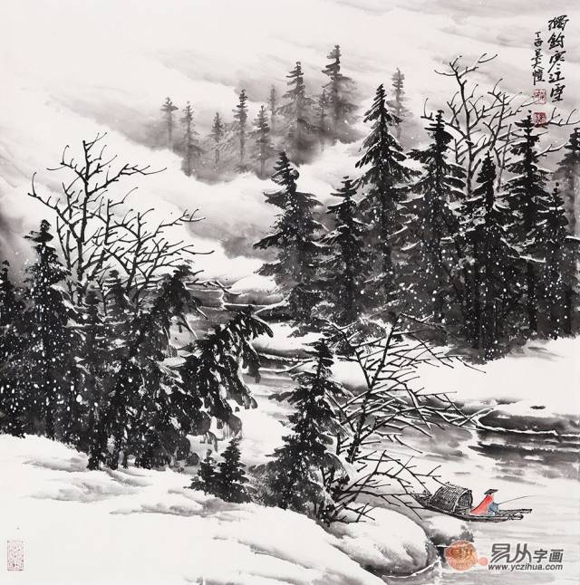 适合收藏字画 吴大恺国画雪景佳作《独钓寒江雪》作品出自:易从网