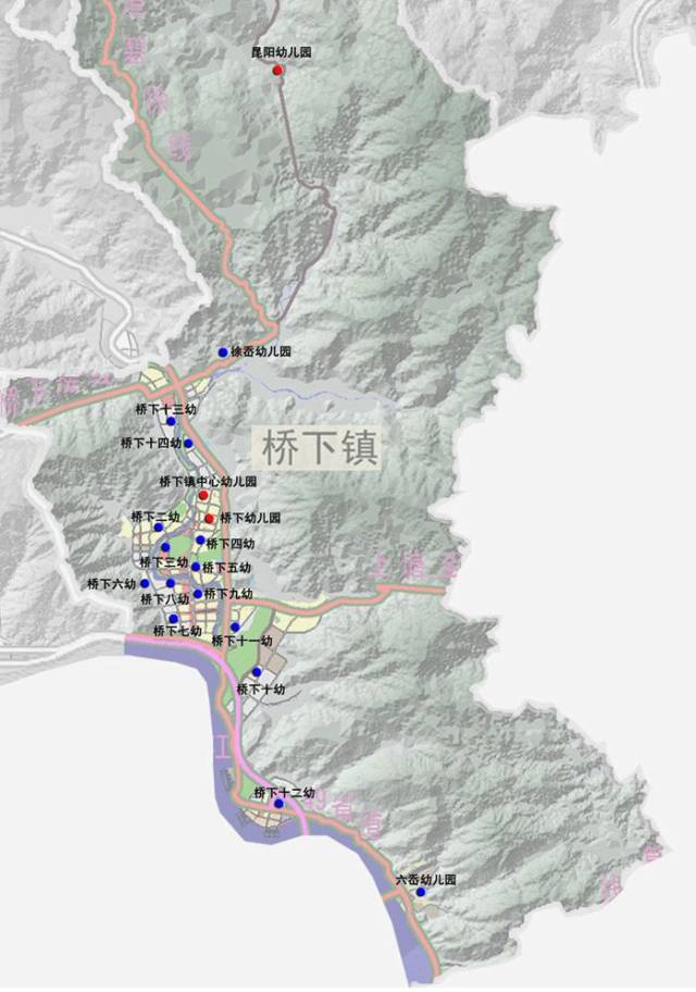桥下镇规划幼儿园18所,班级数138班. 金溪镇