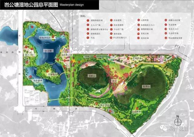 商业建筑群 五人制足球场,网球,门球,极限运动场等 岜公塘湿地公园