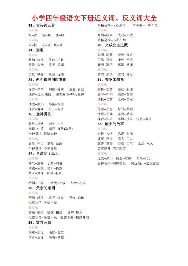 小学语文四年级下册近义词,反义词大全