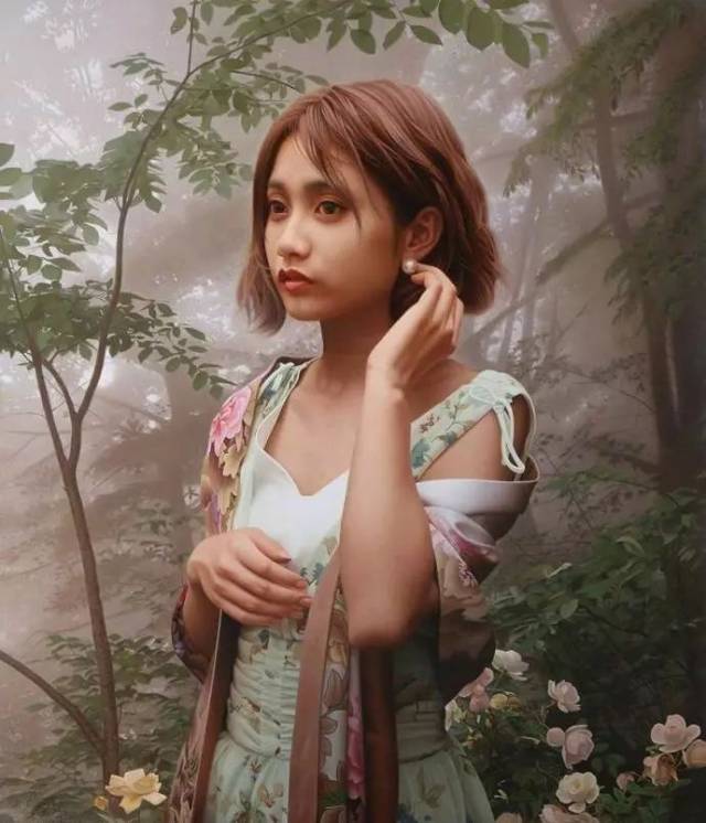 日本画家冈靖知的写实人像系列油画作品.神仙画画了解一下