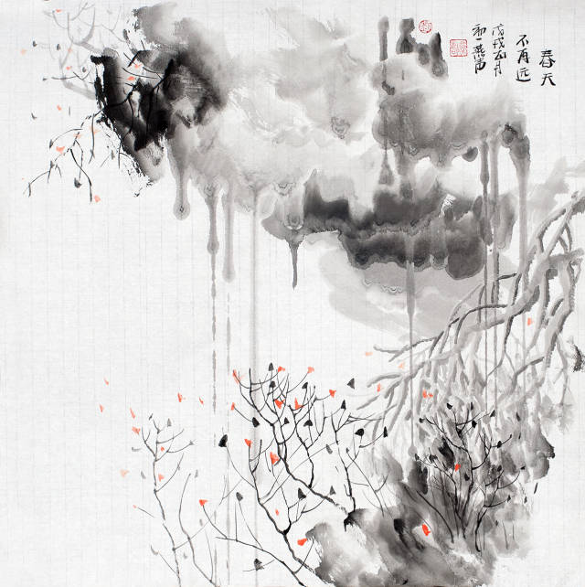 山水画-《春天不再远》68x68-刘燕声现代水墨写意山水画作品