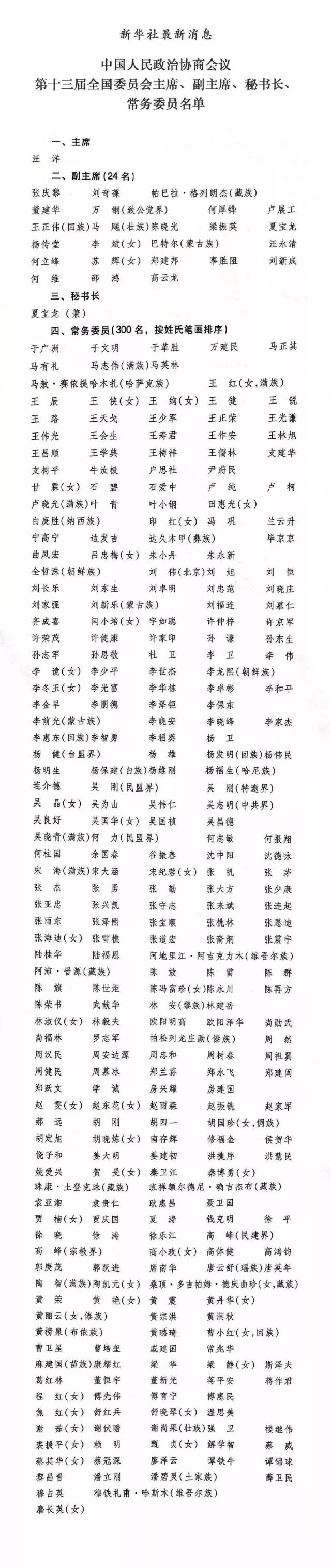 附:十三届全国政协主席,副主席,秘书长,常务委员名单