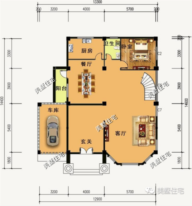 一层车库边上还有一个独立小阳台,客厅的空间非常大. 二层平面图