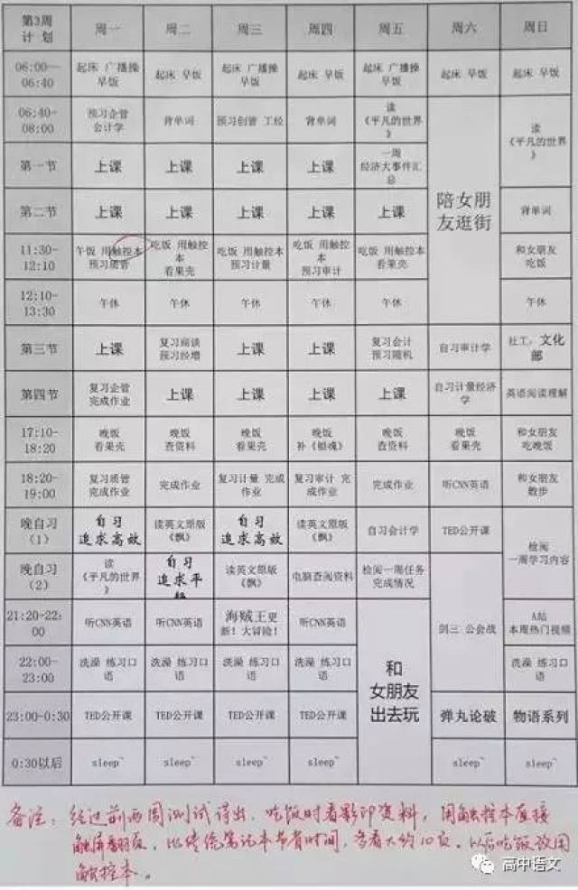 另附上 清华学霸时间表一张(小孩子不要谈恋爱)