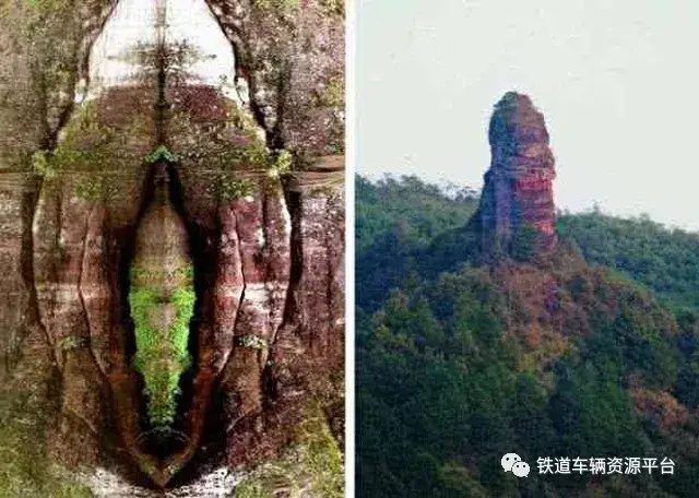 福建泰宁世界地质公园公母山,左边的称为大地之母,右边的称为雄柱峰