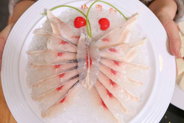太极鱼片 摆盘成如翩跹蝴蝶般的鱼片,拼成了一个可爱的形状,薄透到