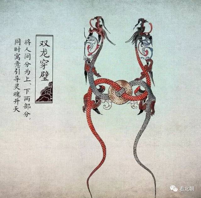 双龙穿璧将人间分为上,下两部分,同时寓意引导灵魂升天.