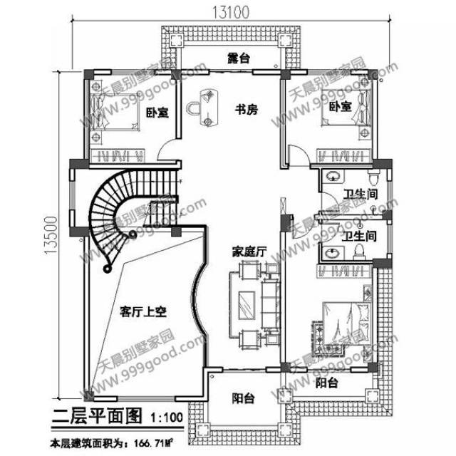 二层别墅设计图:客厅中空,家庭厅,卧室(3间),卫生间(2间),书房,阳台.