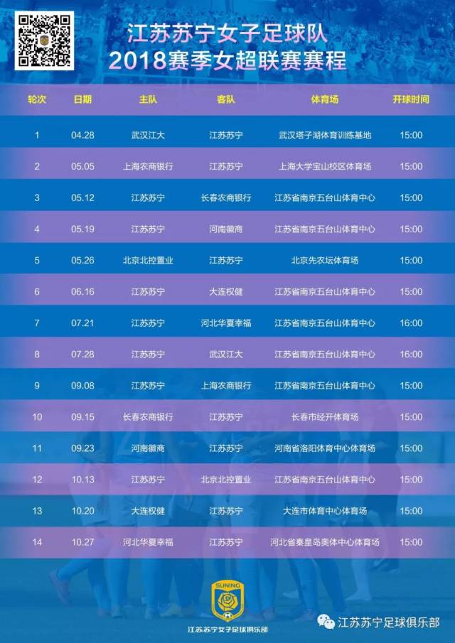 江苏苏宁女足2018赛季女超联赛赛程出炉,赶紧