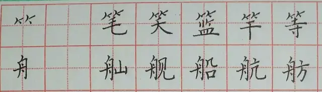 竹字头:竹字头作字头竖和竖钩改成两小点,笔顺不变,两个短横起笔尖入