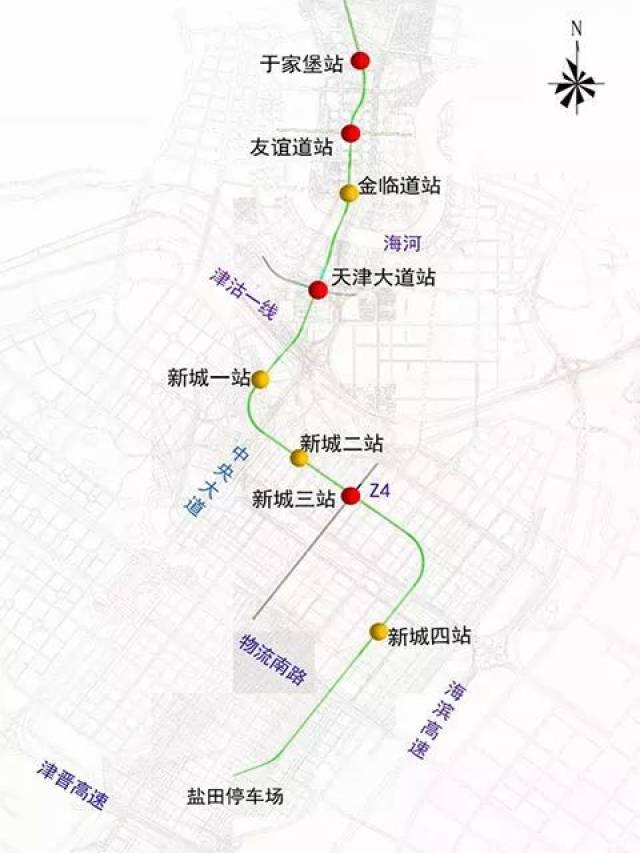 滨海新区轨道交通z4线 是南北向布设的市域轨道线路; 线路经汉沽老