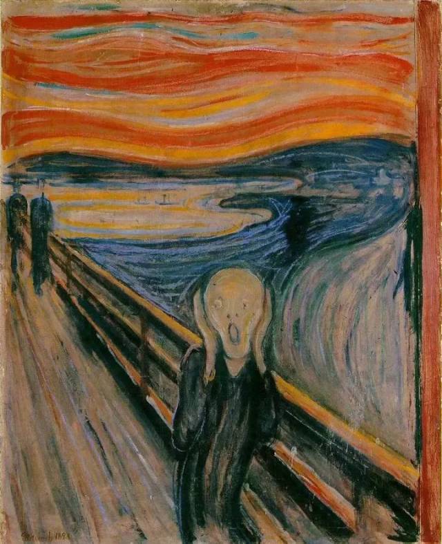 呐喊》这幅画被蒙克以极度夸张的笔法,描绘了一个变了形的尖叫的人物