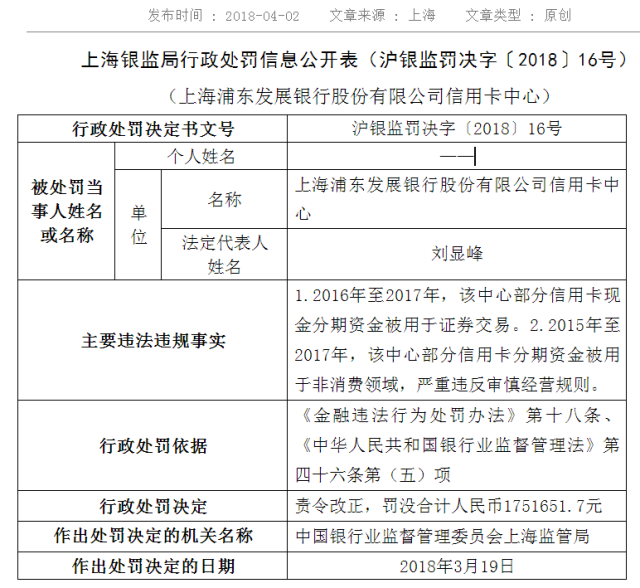 部分信用卡分期资金违规使用 浦发银行信用卡