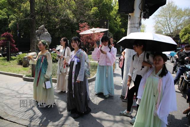 前几天,在杭州鼓楼附近河坊街等街头,一群穿着古代服饰的年轻女孩,在