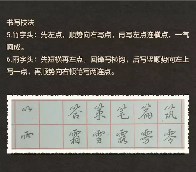 竹字头:先左点,顺势向右写点,再写左点连横点,一气呵成. 6.