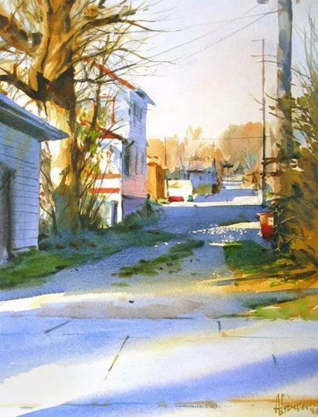 美国写生画会会长的水彩画,简约,明快,大气
