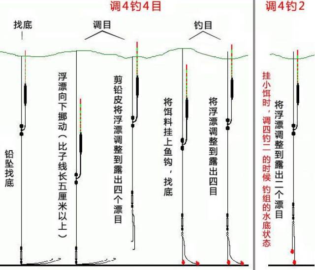 调四目钓四目,适合垂钓鲤鱼时使用,钓的比较迟钝一些,此时两饵属于