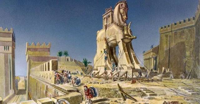 在长达十年的特洛伊战争结尾, 希腊人制造了巨型木马在其中藏兵, 并