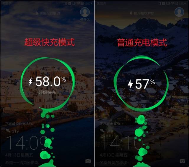 正常情况下,充电时的状态应该是下图左边这样的,有超级快充的文字提示