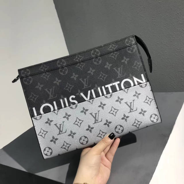 lv/路易威登18 split系列黑灰拼银色pochette voyage手拿包m63039