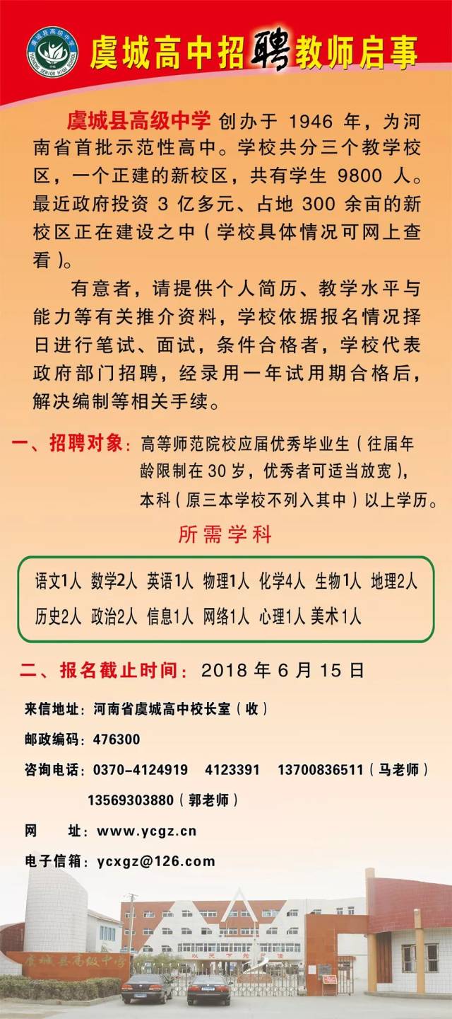 2018年商丘虞城县高级中学第二批招聘教师启事