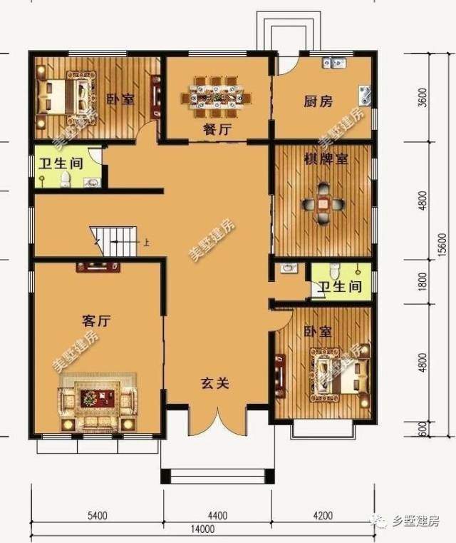 一层平面图:设有玄关,客厅,厨房,餐厅,2卧室,棋牌室,卫生间.