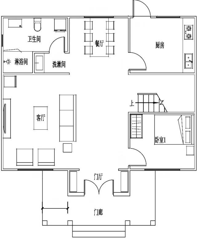 一层平面图 一层设有门廊,门厅,卧室,客厅,卫生间,洗漱间,淋浴间,厨房