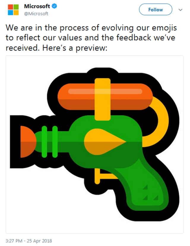 紧跟谷歌步伐 微软宣布不再使用手枪emoji表情