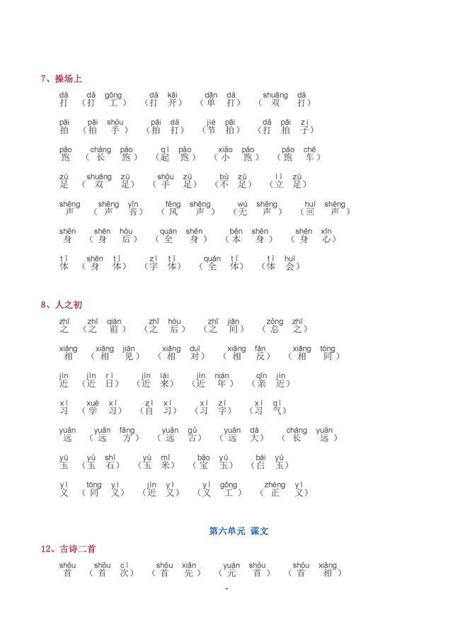 2018年新人教部编版小学一年级下册语文《写字表》生字组词带拼音