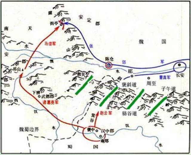 我们首先来简单分析一下第一次北伐诸葛亮的路线图,由图可以看出