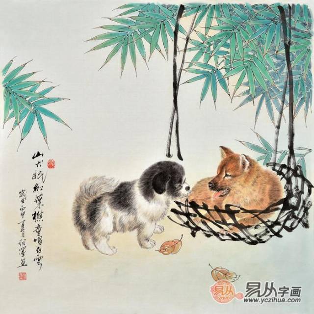 羽墨工笔斗方动物画 狗《山犬眠红叶,樵童唱白云》