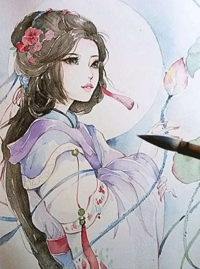 古风美女水彩画,看完教程给自己也画一个