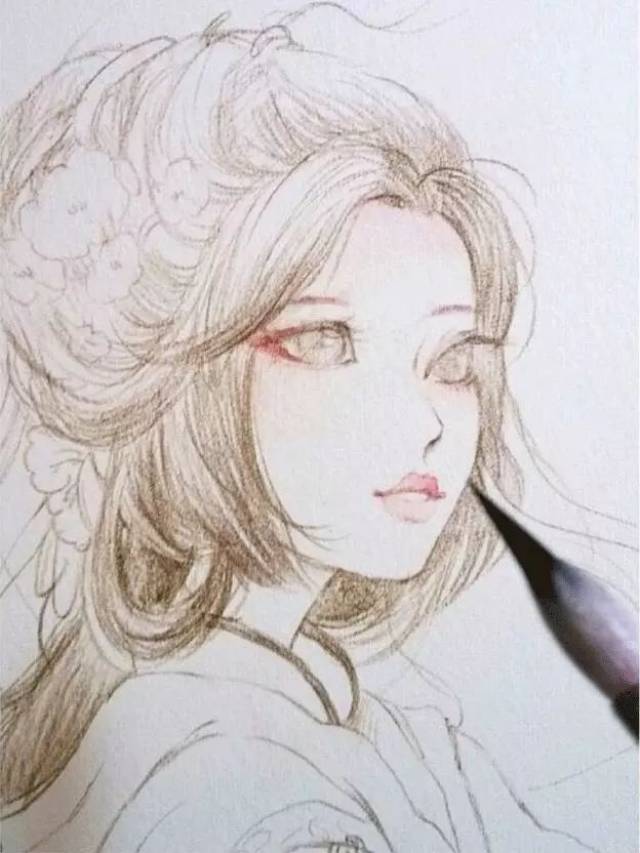 古风水彩画 2.先用小号画笔调和适量的橘黄给人物皮肤着色.