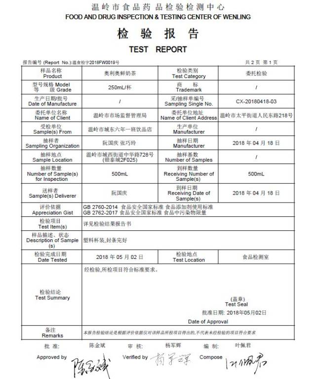 点击放大查看更清楚哦 检测报告 受检单位——温岭太平昕芝奶茶店 ①