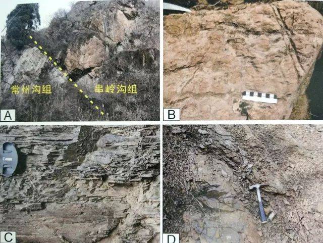 常州沟组长石石英砂岩里的(a)板状交错层理,(b)波痕及磨圆较好的石英