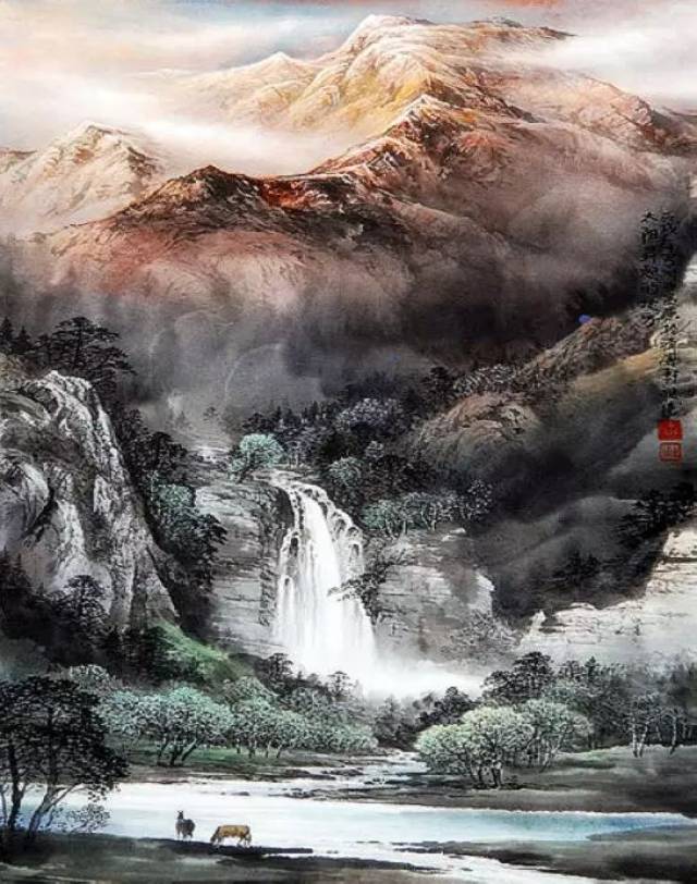 青山秀水,彩墨山水画