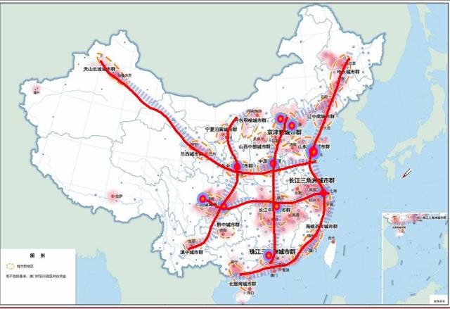 沿长江通道为横轴,以沿海,京哈京广,包昆通道为纵轴,大中小城市和小