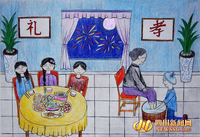 "泸州十五中学生易瑾睿欣画了一幅主题为《知礼行孝》的画,代表自己对