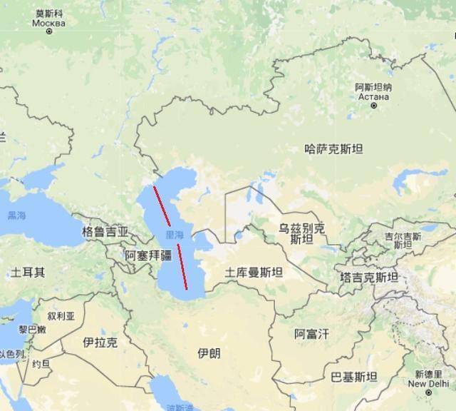 伊朗,伊朗望俄罗斯,哈萨克斯坦,阿塞拜疆望土库曼斯坦,但由于里海面积