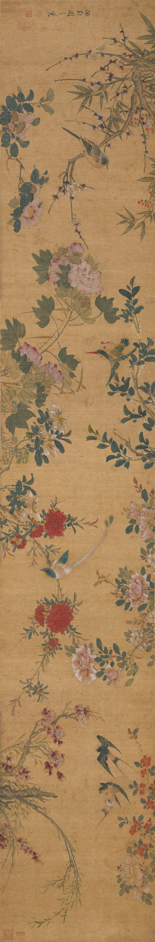 "系周之冕的晚年之作.该图勾画了四季花卉,其中木本花卉多为折枝.