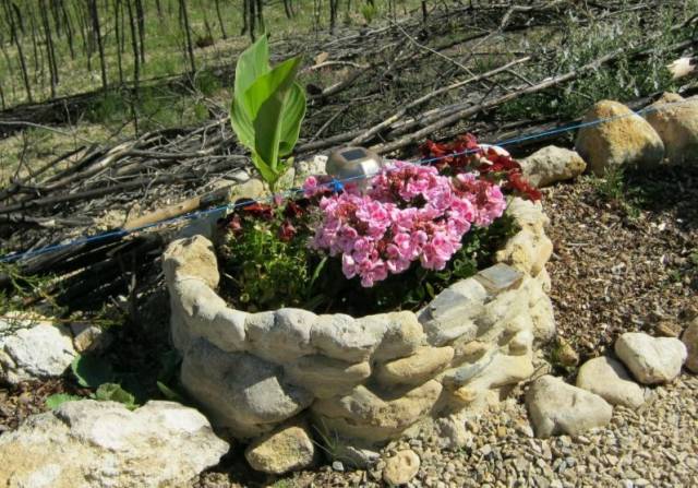 用捡来的一堆鹅卵石制作成靓丽的花坛和花盆,用来种花