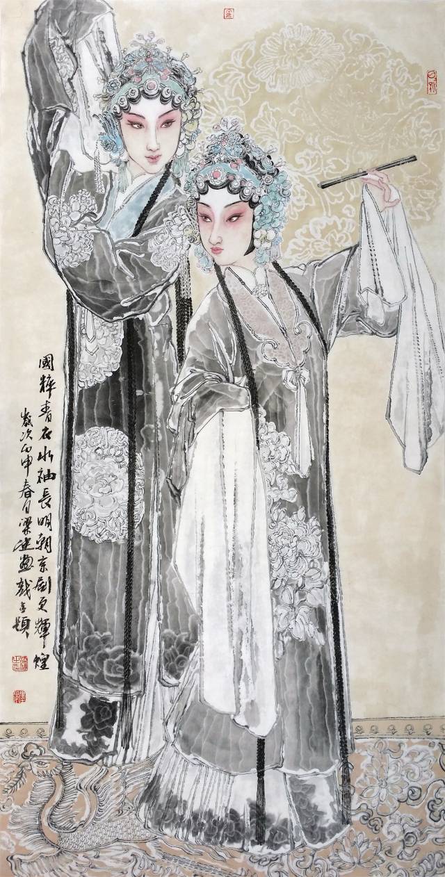 梁健的人物画古朴雅致,笔触细腻,他的线描和渲染色彩浓淡相宜,画面