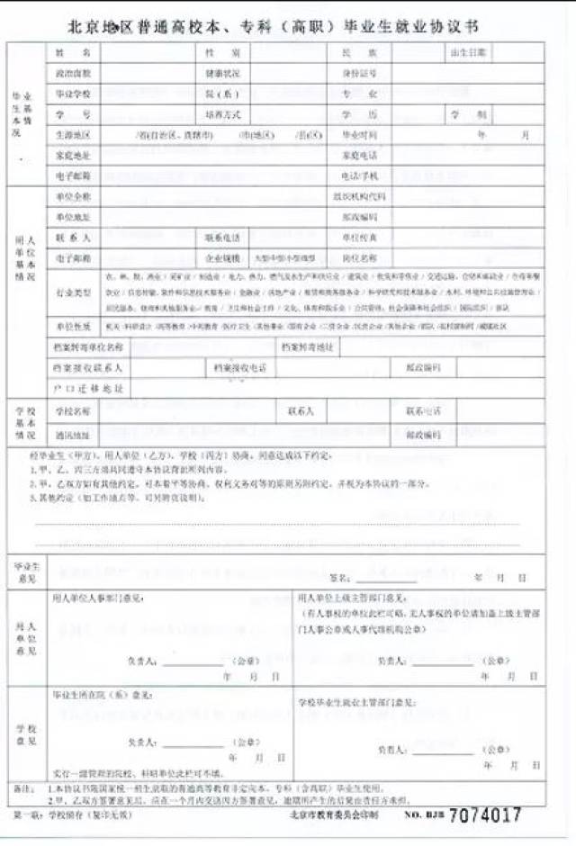 全称是《北京地区普通高校本,专科(高职)毕业生就业协议书》(供本科