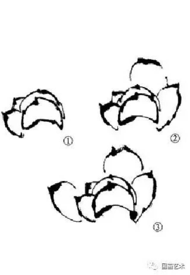 三笔画成勺形花瓣,谓之复勾.