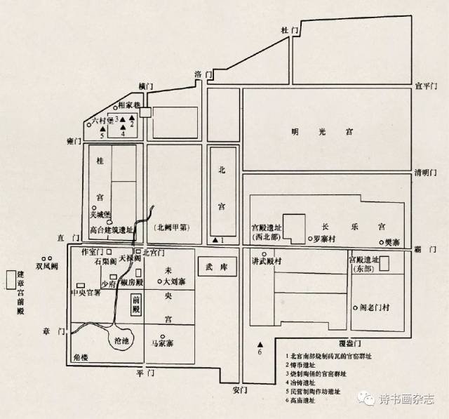在"西汉长安城平面布局示意图"上,未央宫,长乐宫,明光宫,桂宫,北宫