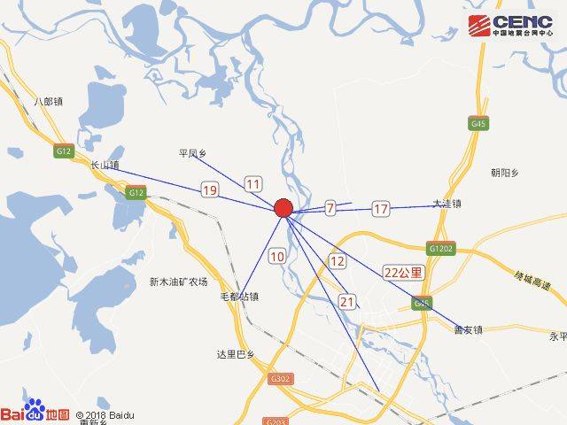 震中距宁江区14公里,距前郭尔罗斯蒙古族自治县20公里,距肇源县39公里