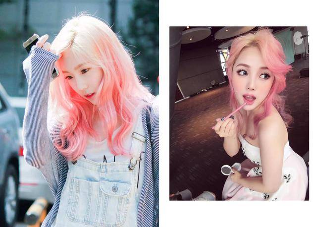 左:女团少女时代金泰妍,右:美妆红人pony朴惠敏 男明星也爱粉色头发