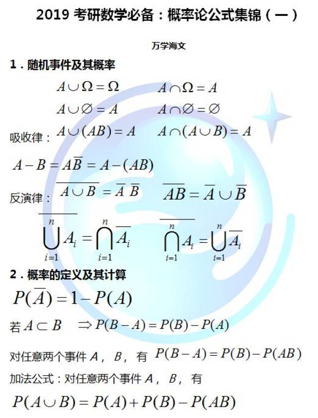 2019考研数学必备:概率论公式集锦(一)